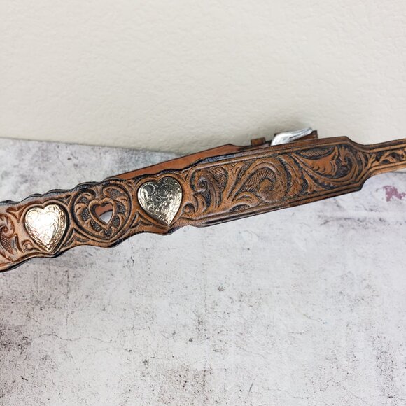 Vintage Silver Creek Western Tooled Leather Belt Heart Conchos CINDY Brown Boho main image 13